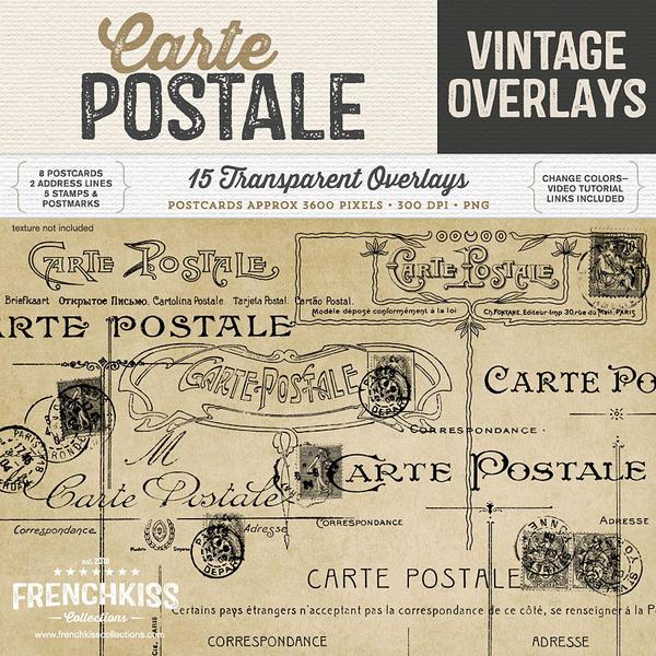 Digital vintage French postcard back overlays